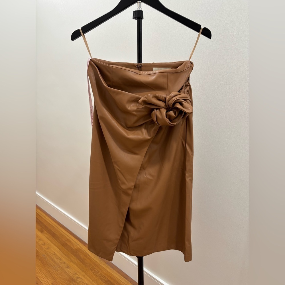 325. Choosy Elegant Tan Faux Leather Pencil Skirt with Floral Detail